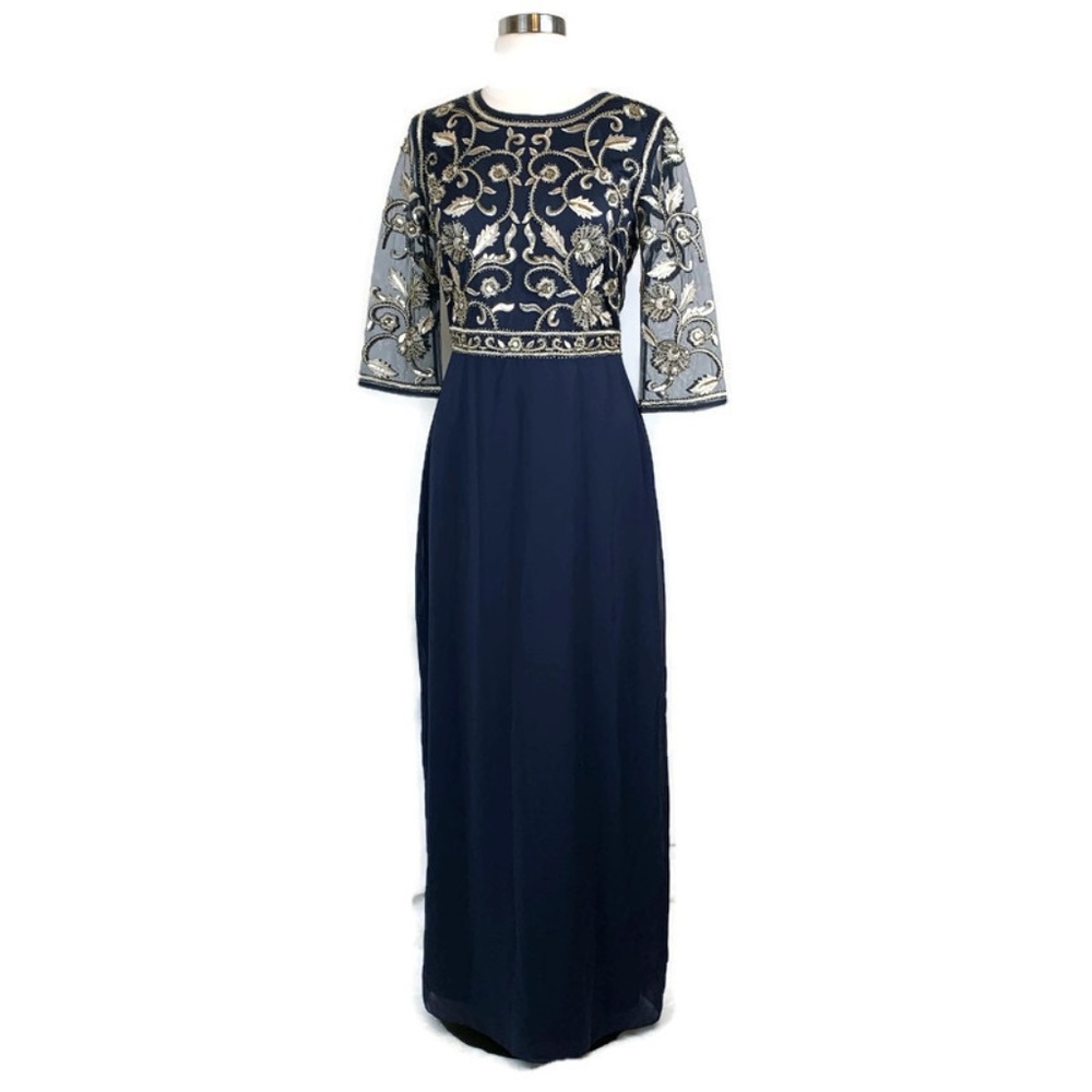 Maner 3/4 Sleeve Beaded Chiffon Long Gown Medium